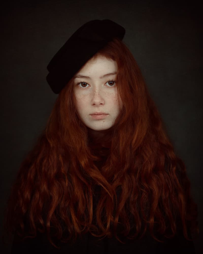 Red Haired Beret Portrait by Raluca Arhire — canvas wall art