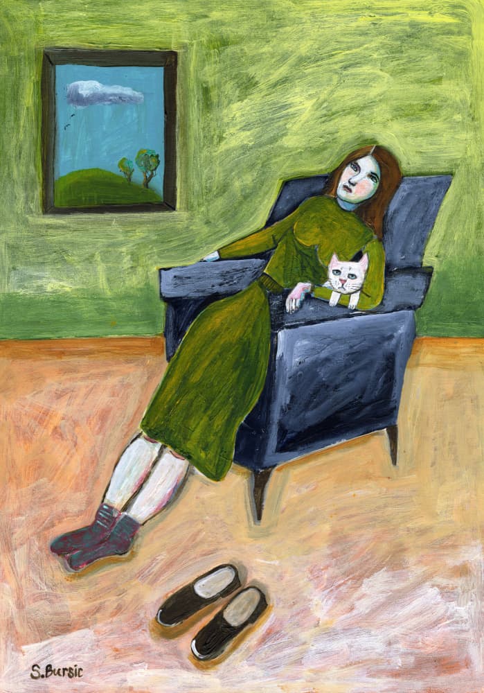 Pensive Woman with Cat by Sharyn Bursic — canvas wall art