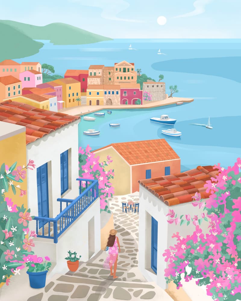 Mediterranean Coastal Village by Petra Lizde — canvas wall art