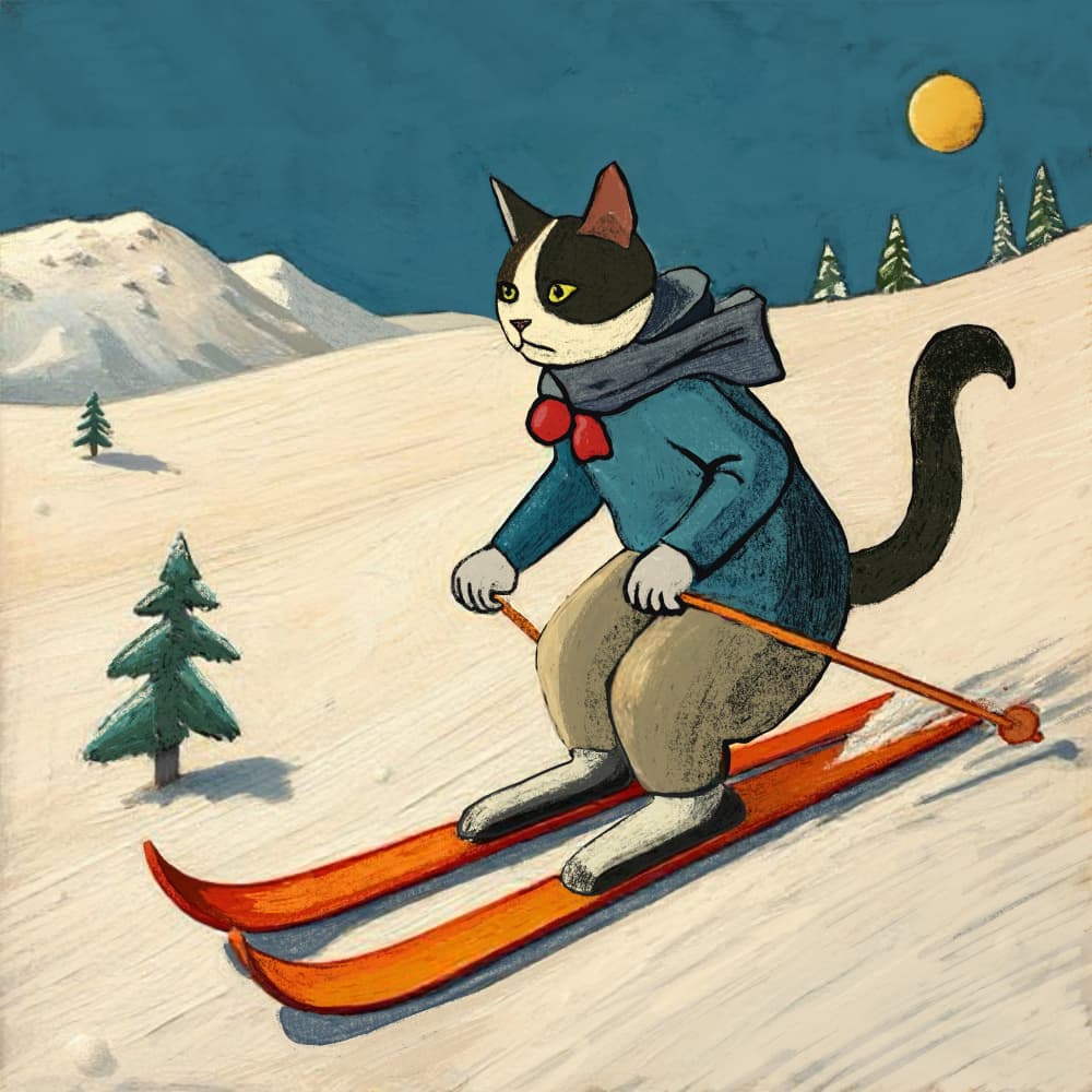 Whimsical Skiing Cat