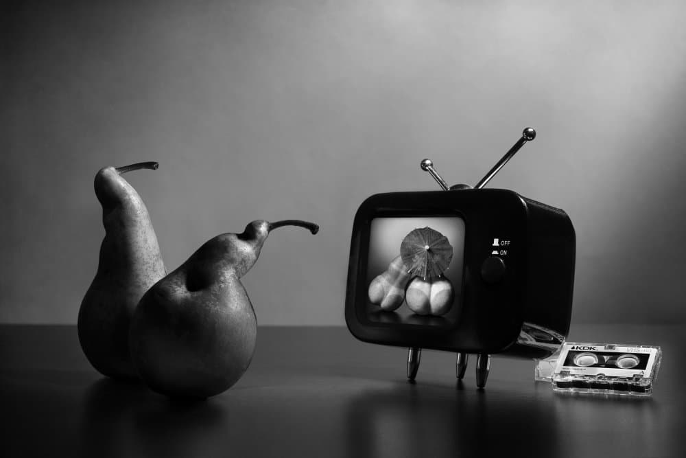 Pears Watching Surreal TV by Victoria Glinka — canvas wall art