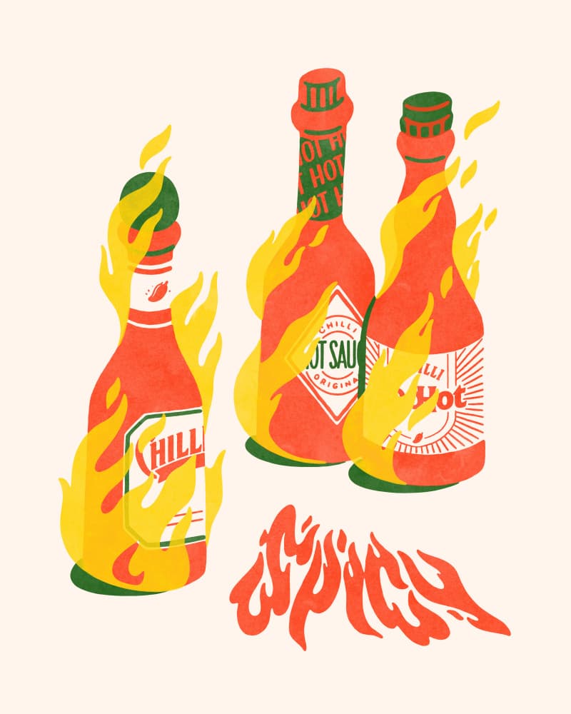 Fiery Hot Sauce Bottles by Arté Koola — canvas wall art