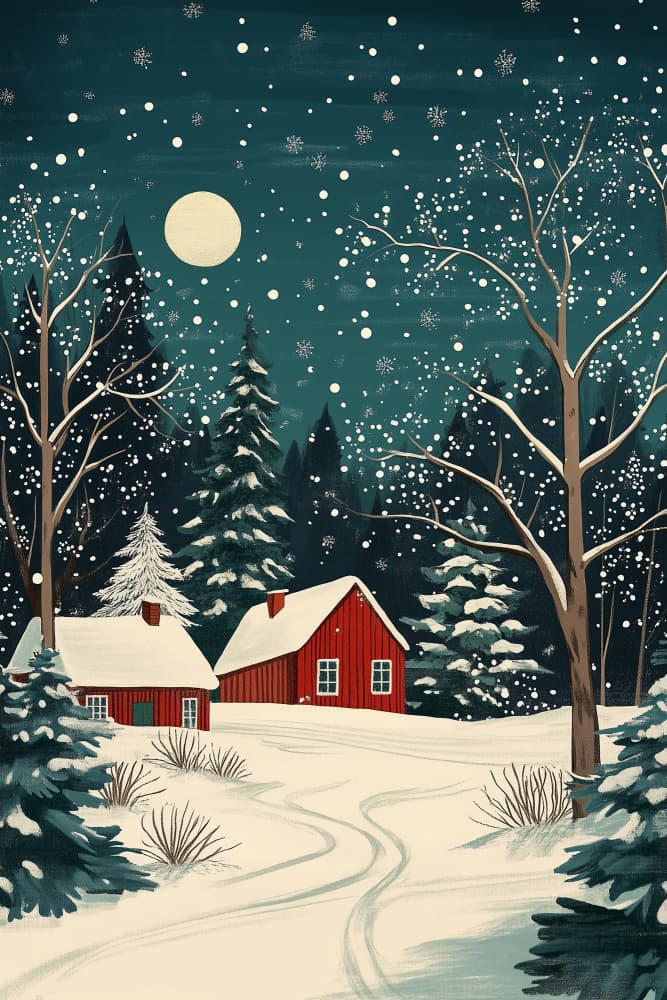 Red Cabins Winter Night by Pictufy Studio IV — canvas wall art
