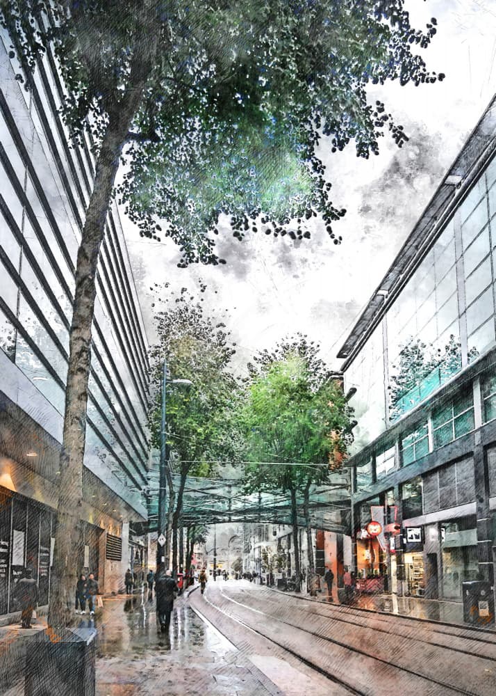Downtown Street Reflections by Justyna Jaszke — canvas wall art
