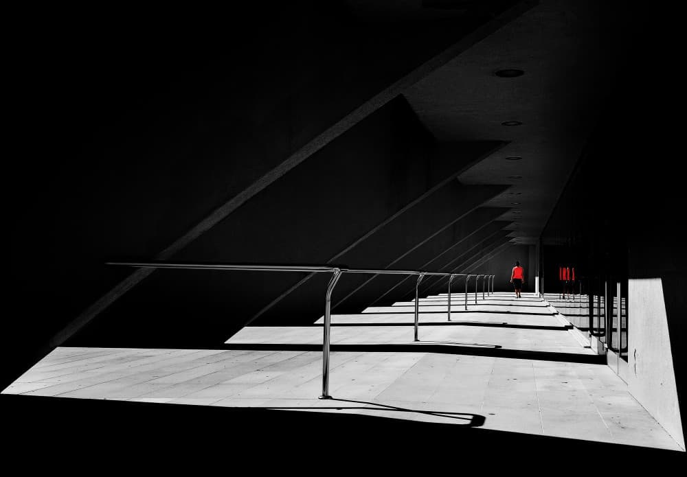 Red Figure Architectural Solitude by Samanta Krivec — canvas wall art