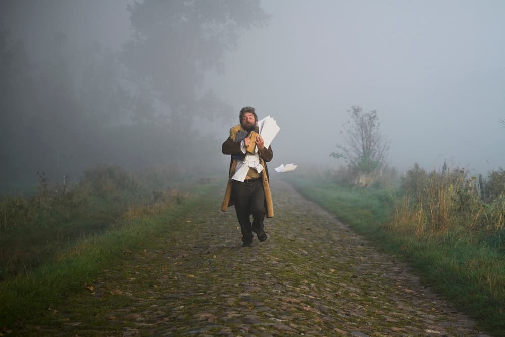 Mysterious Man Flying Papers by Leszek Paradowski — canvas wall art