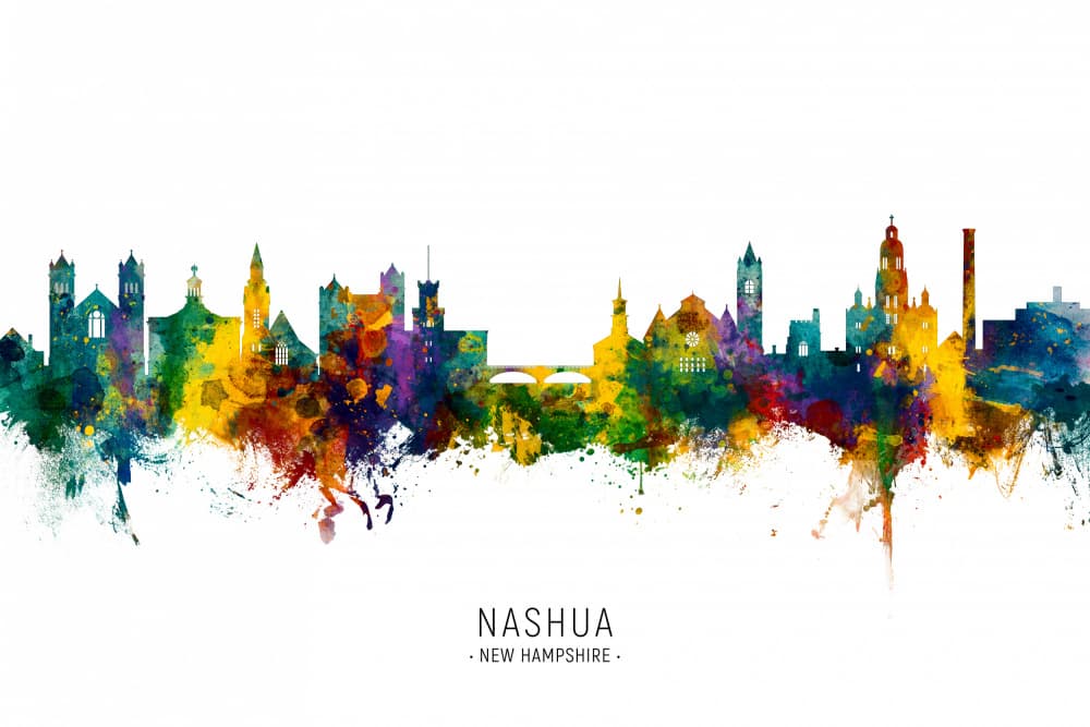 Nashua Skyline Watercolor by Michael Tompsett — canvas wall art