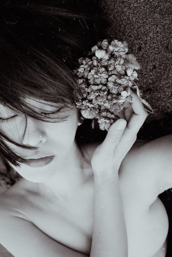 Serene Woman with Flowers by Midoriselfphoto — canvas wall art