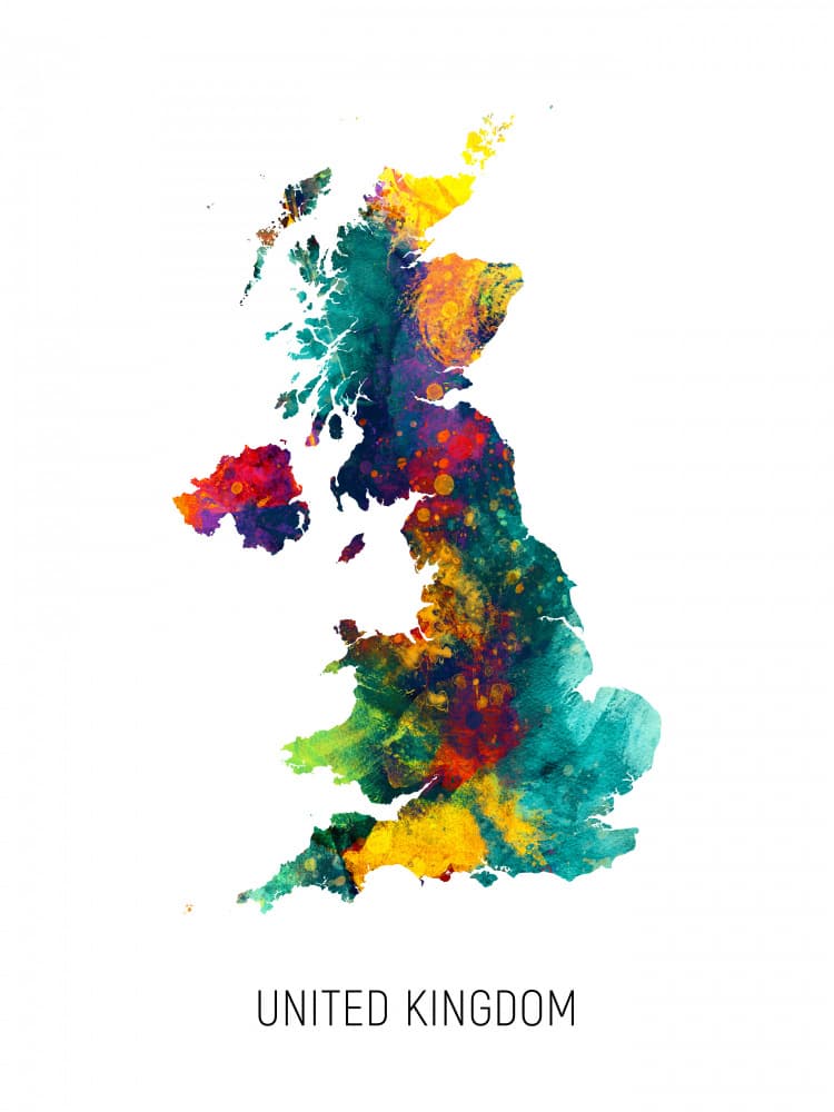 Colorful United Kingdom Map by Michael Tompsett — canvas wall art