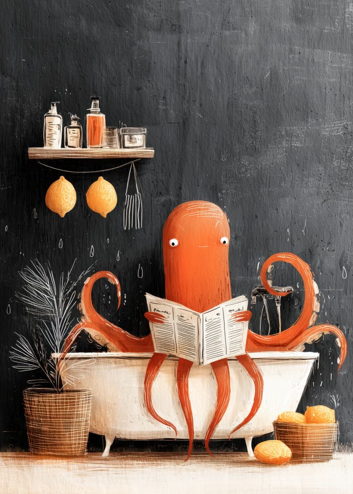 Octopus Reading In Tub by Justyna Jaszke — canvas wall art