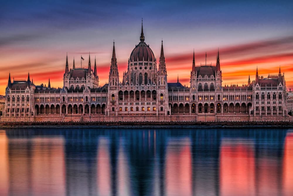 Budapest Parliament Sunset Reflection by Vasil Nanev — canvas wall art