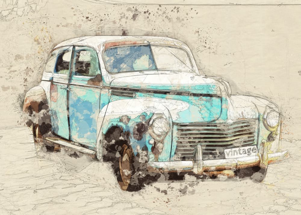 Rustic Blue Vintage Car by Lembayung senja studio [Vintage Poster] — canvas wall art
