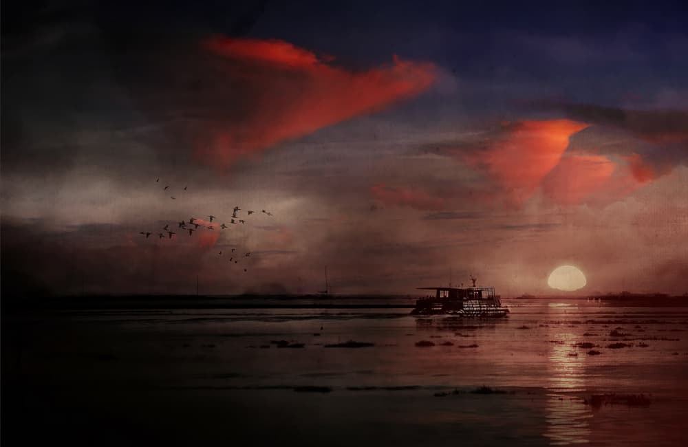 Sunset Boat With Birds by Elena Arjona — canvas wall art