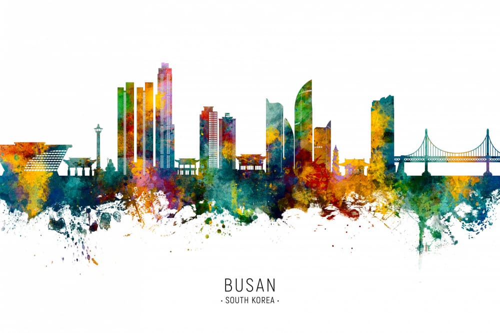 Colorful Busan Skyline by Michael Tompsett — canvas wall art