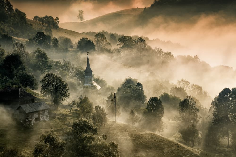 Misty Village Church by Grigore Roibu — canvas wall art