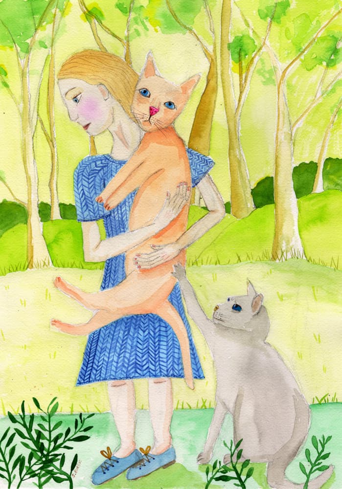 Girl with Cats Outdoors by Sharyn Bursic — canvas wall art