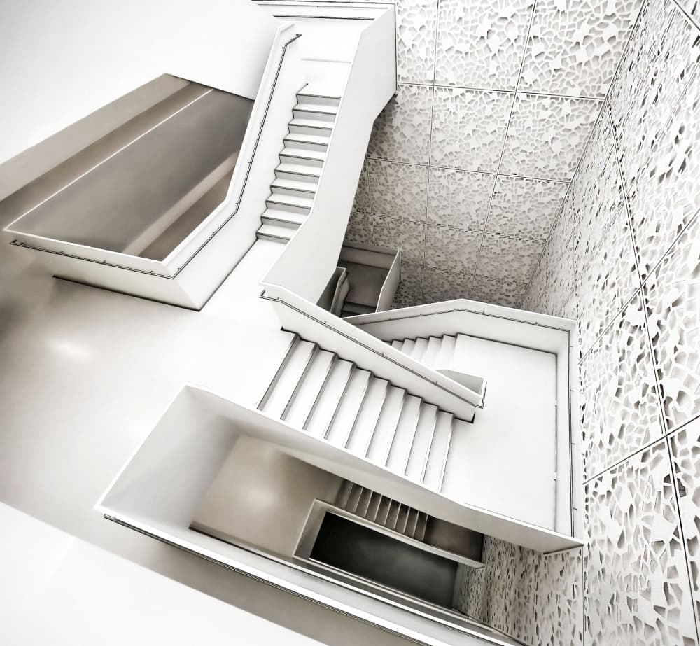 Geometric White Stairwell by Renate Reichert — canvas wall art