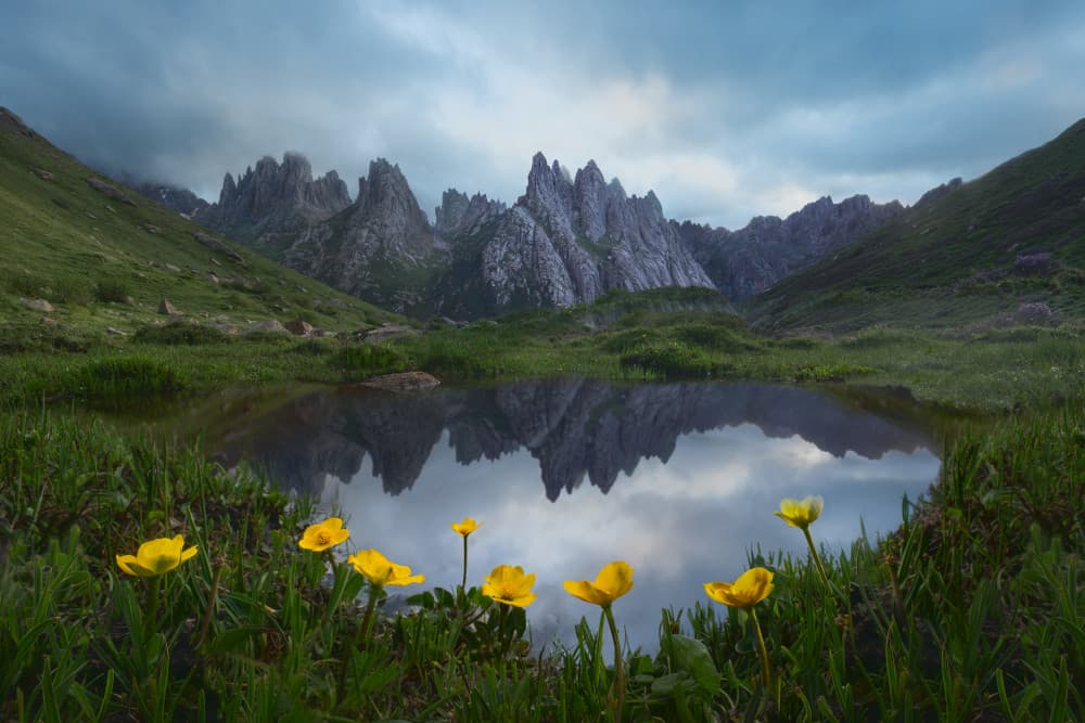 Spiky Peaks Lake Reflection by Leah Xu — canvas wall art