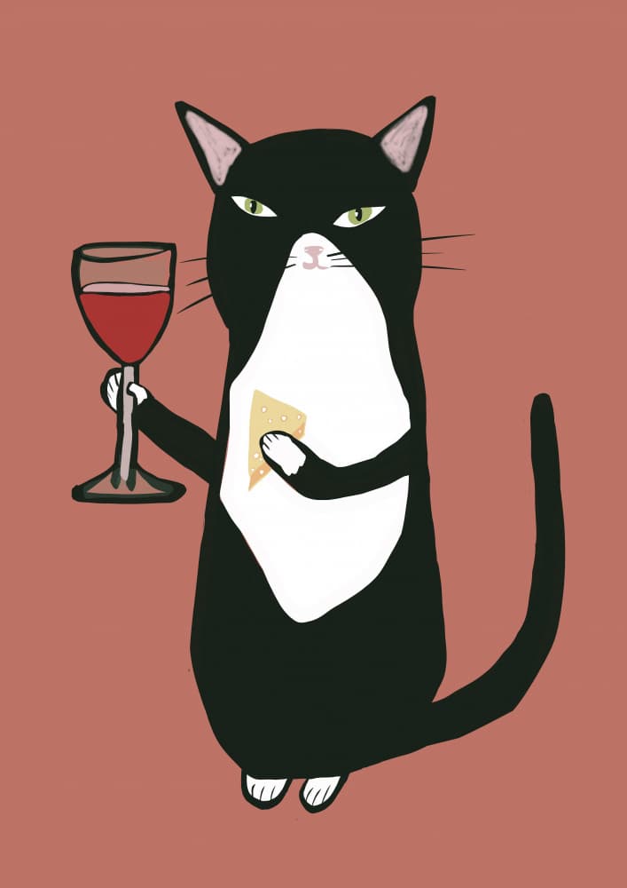 Tuxedo Cat Wine And Cheese by Sharyn Bursic — canvas wall art