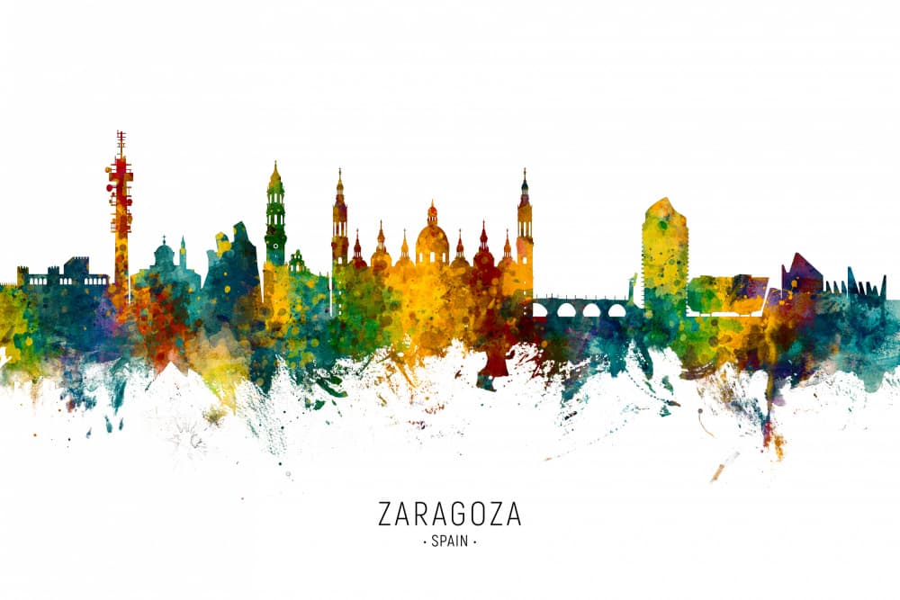 Zaragoza Watercolor Skyline by Michael Tompsett — canvas wall art