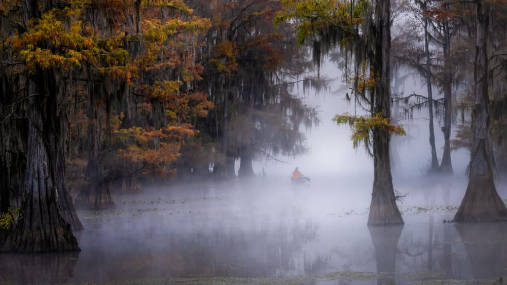 Lone Canoe Autumn Mist by Ti Wang — canvas wall art