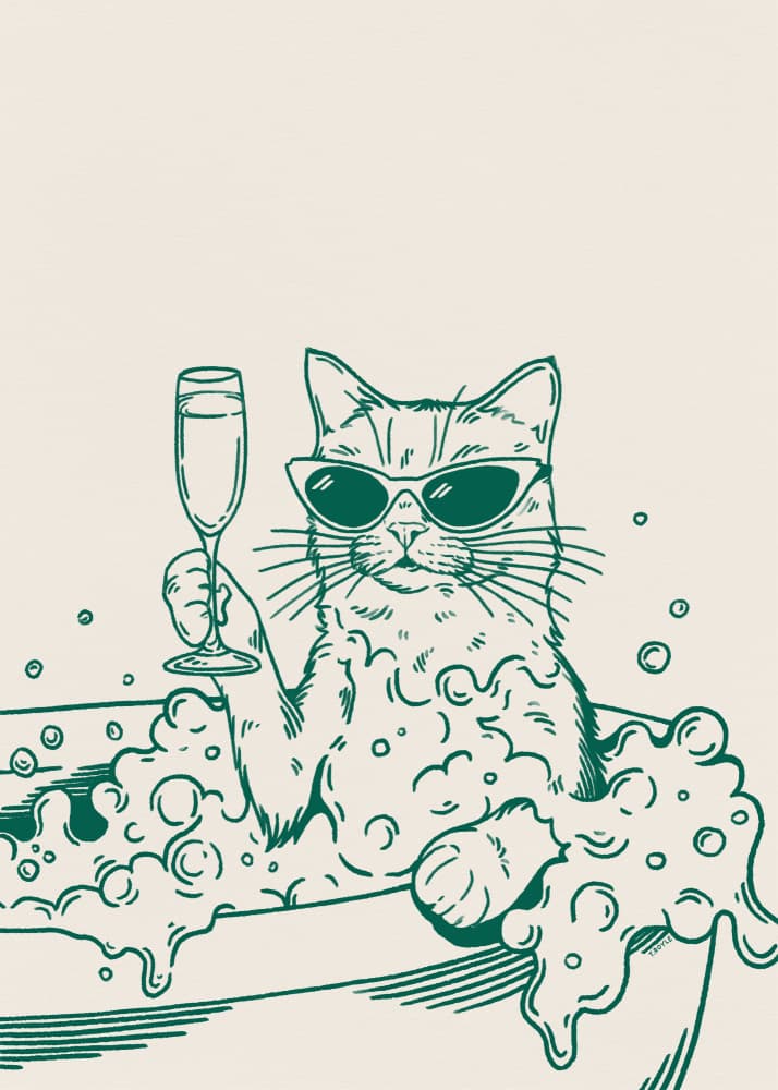 Bath Wine Cat in green by Tara Royle — canvas wall art
