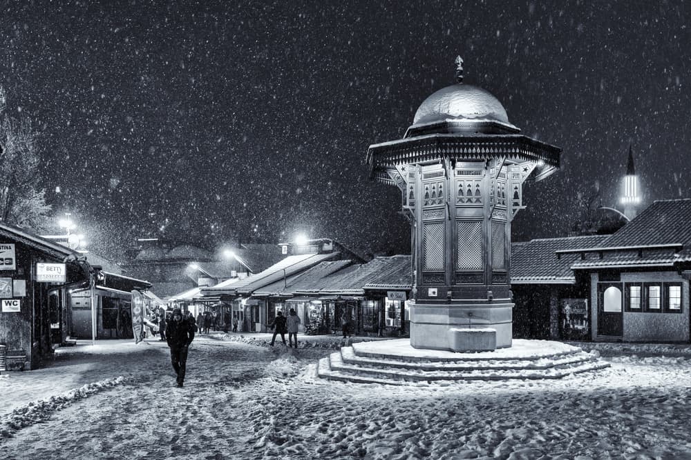 Winter Night Fountain Square by Bez Dan — canvas wall art