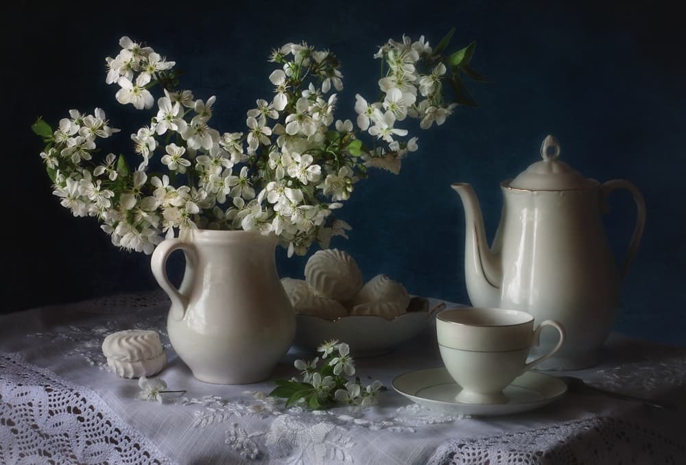 White Blossoms Tea Time by Tatyana Skorokhod — canvas wall art