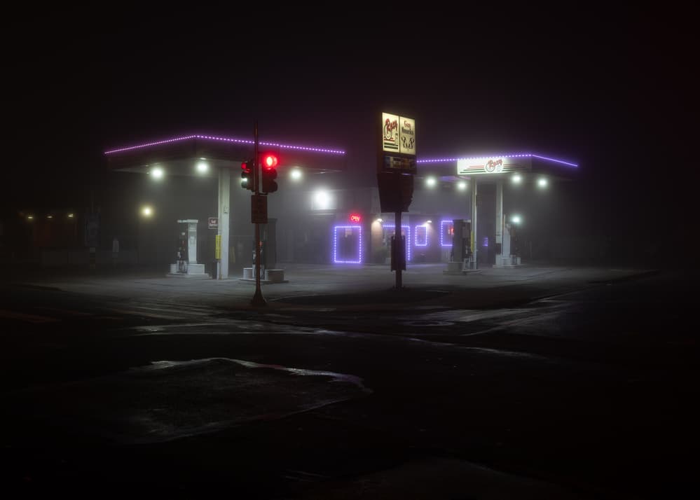 Foggy Gas Station Glow by Scott J. Pilla — canvas wall art