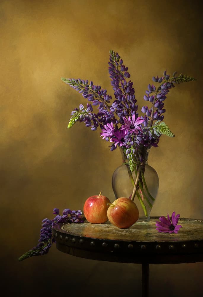 Vibrant Lupines and Apples by Lydia Jacobs — canvas wall art