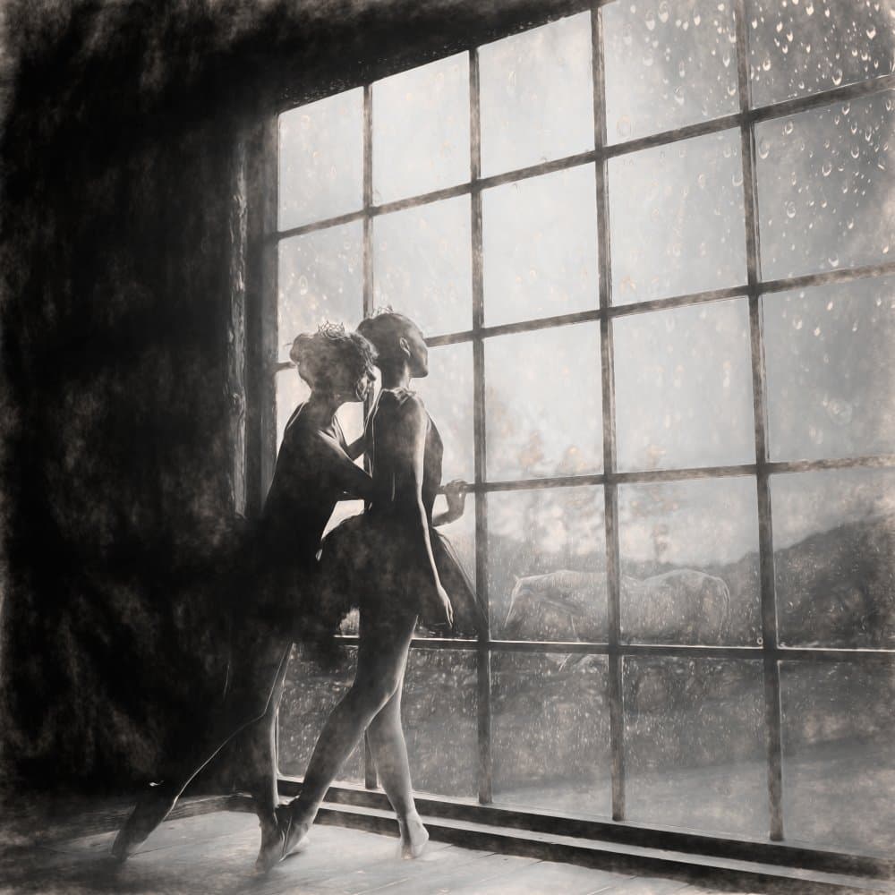Ballet Dancers Window Rain by Katarina Holmström — canvas wall art
