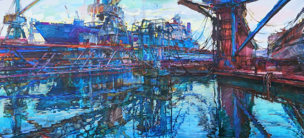 Vibrant Shipyard Reflections by Andrii Kutsachenko — canvas wall art