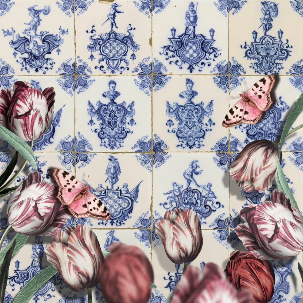 Butterflies and Delft Tulips by Marja van den Hurk — canvas wall art