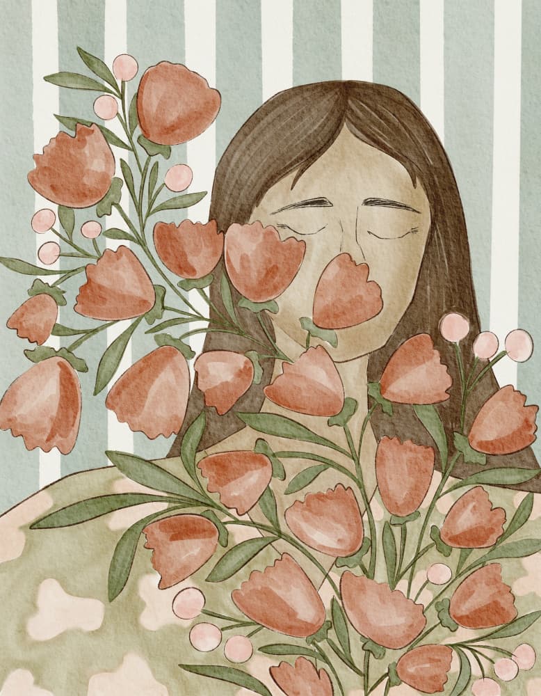 Serene Woman With Flowers by Nikita Jariwala — canvas wall art