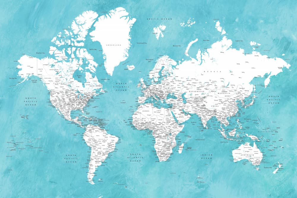 Aqua World Map by Rosana Laiz Blursbyai — canvas wall art
