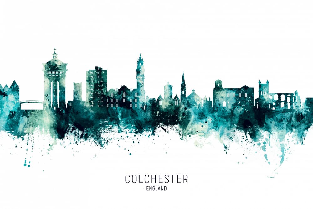 Colchester Skyline Watercolor by Michael Tompsett — canvas wall art