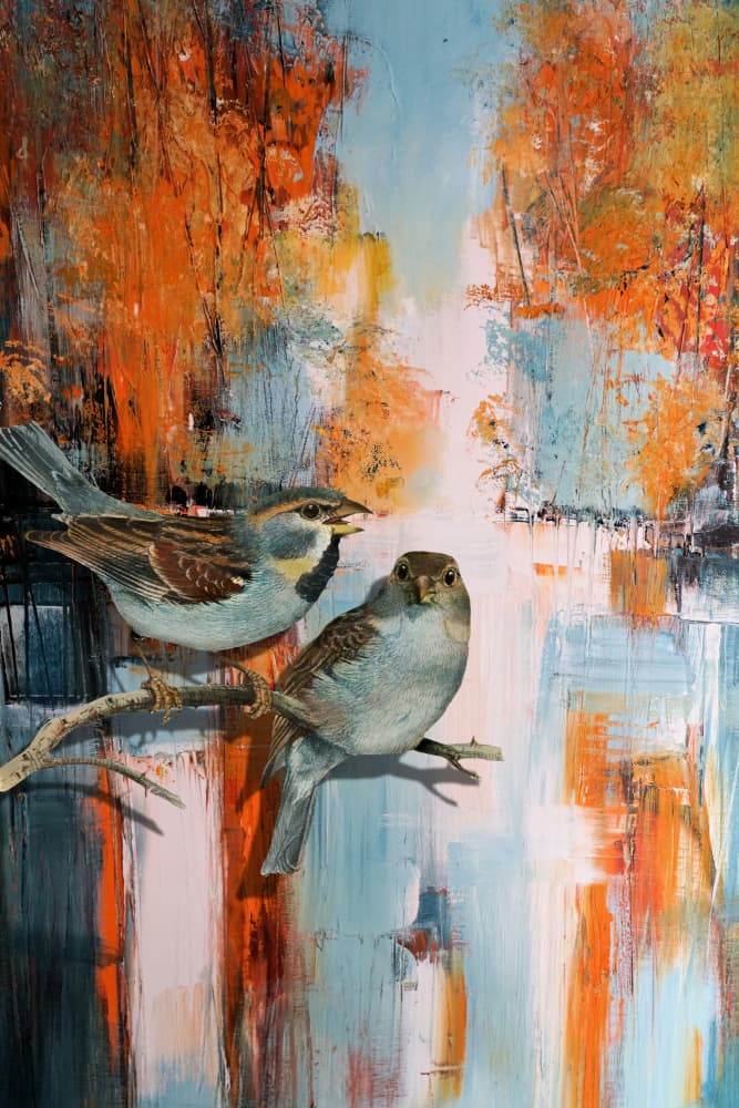 Chirping Sparrows Abstract by Marja van den Hurk — canvas wall art