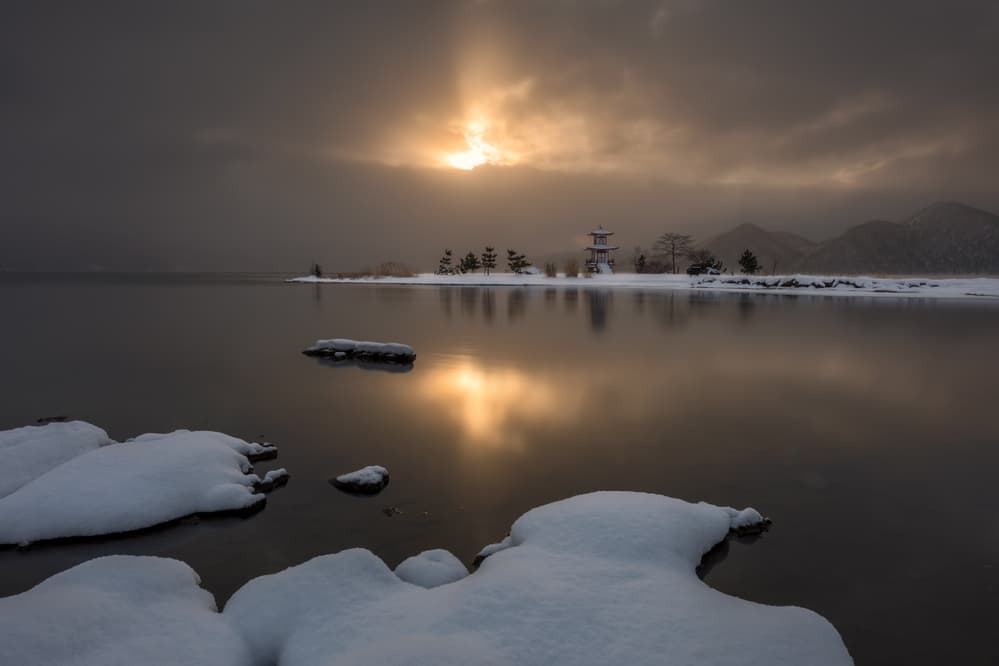 Golden Pagoda Winter Lake by Gunarto Song — canvas wall art