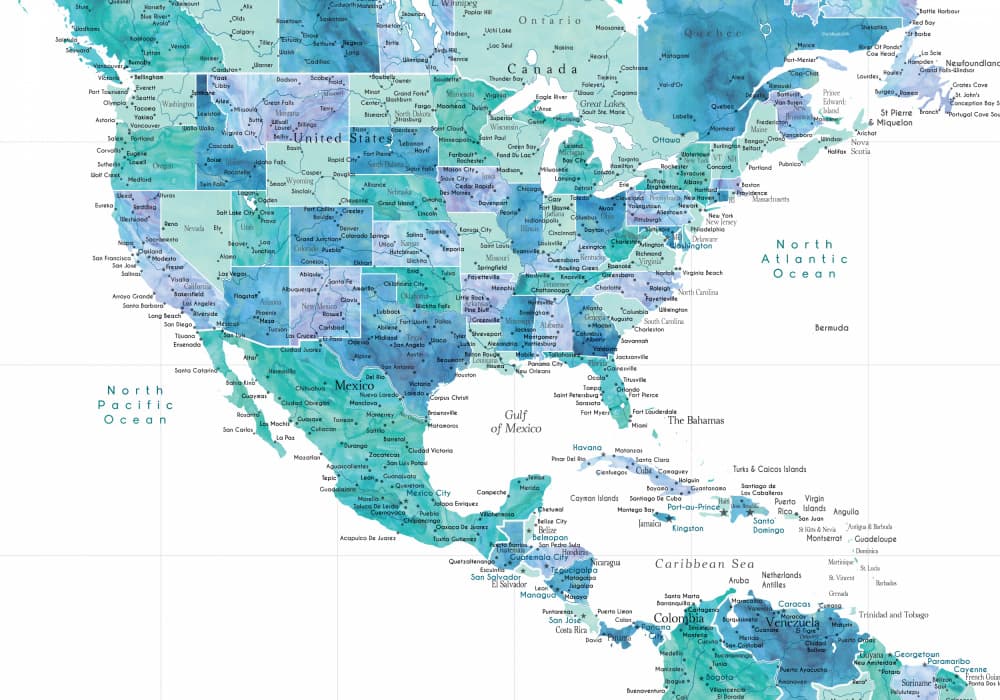 North America Watercolor Map by Rosana Laiz Blursbyai — canvas wall art