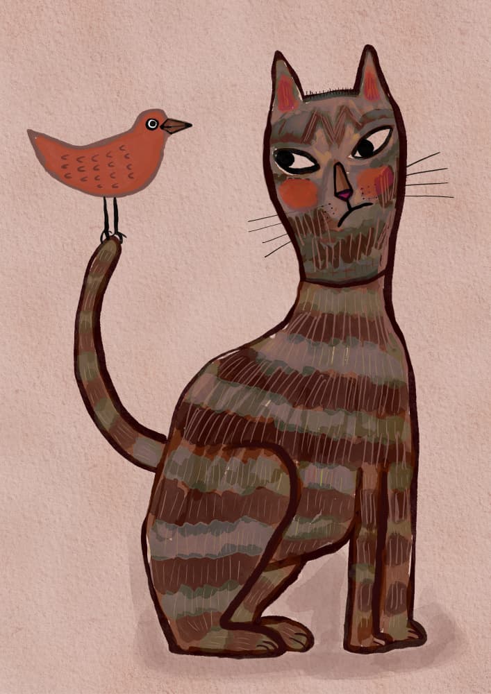 Whimsical Cat And Bird