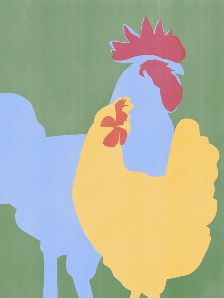 Blue Rooster Yellow Hen by Little Dean — canvas wall art