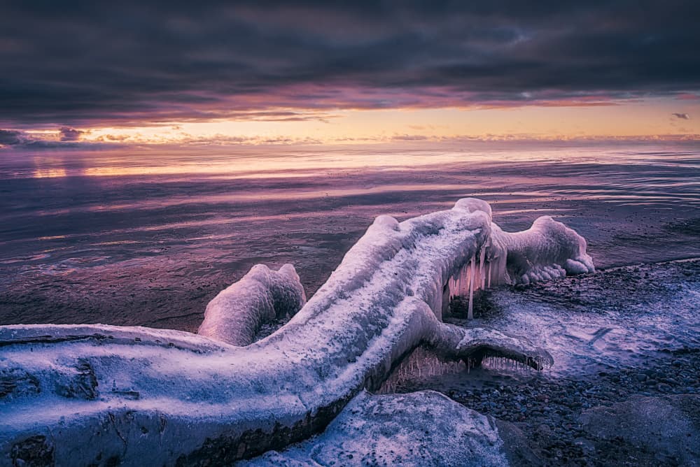Frozen Winter Sunset Shore by Ben.C.L — canvas wall art