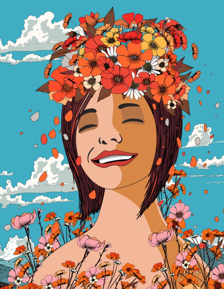 Smiling Woman Floral Crown by Nicholas — canvas wall art