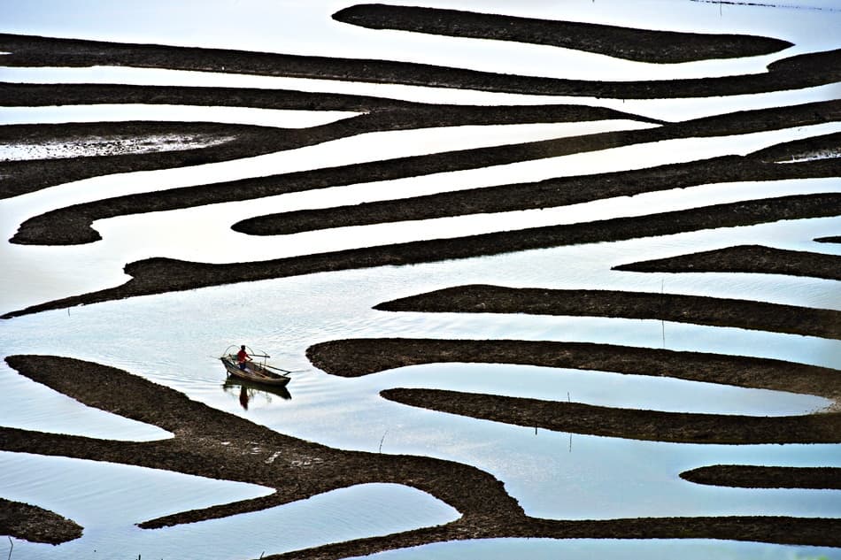 Serene Boat Striped Waters by Lina Gunawan — canvas wall art