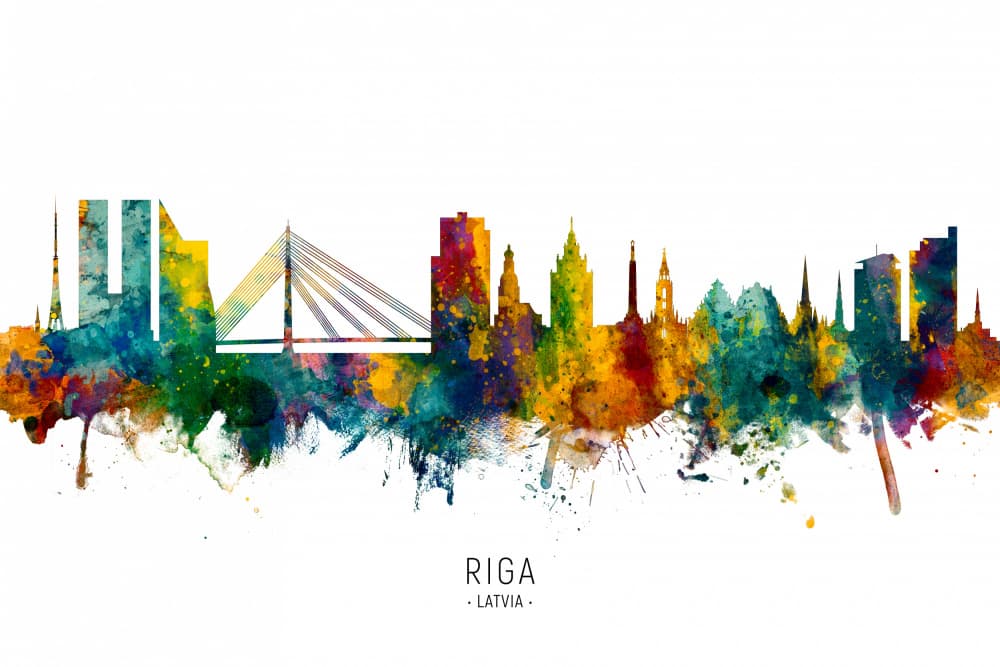 Riga Watercolor Skyline by Michael Tompsett — canvas wall art