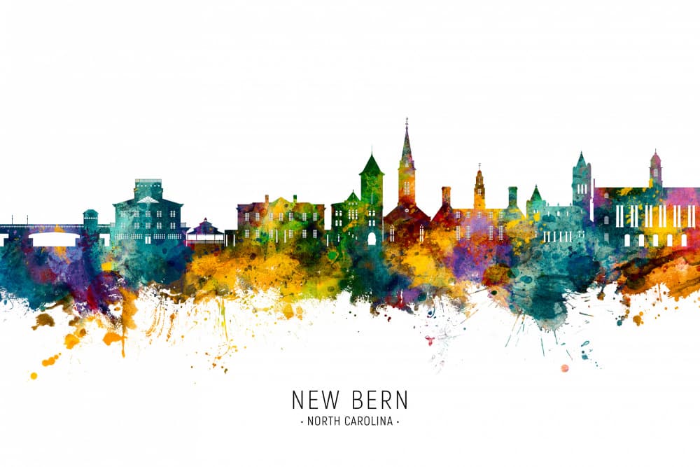 Watercolor New Bern Skyline by Michael Tompsett — canvas wall art