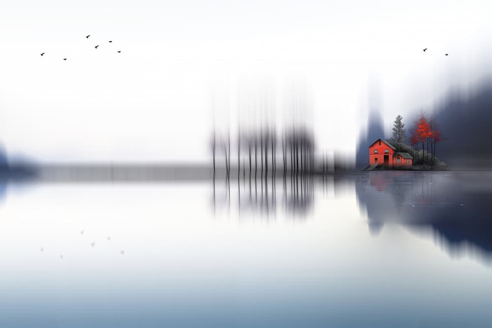 Misty Red Cabin by Hosam.Karara — canvas wall art