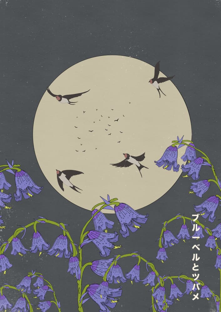 Moonlit Bluebell Swallows by Nicholas — canvas wall art