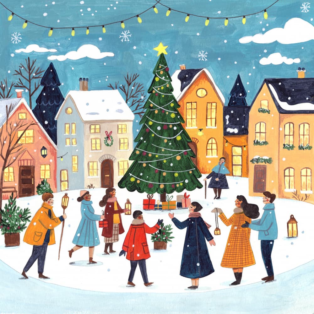 Christmas square in the village in bright colours by Caroline Bonne Müller — canvas wall art