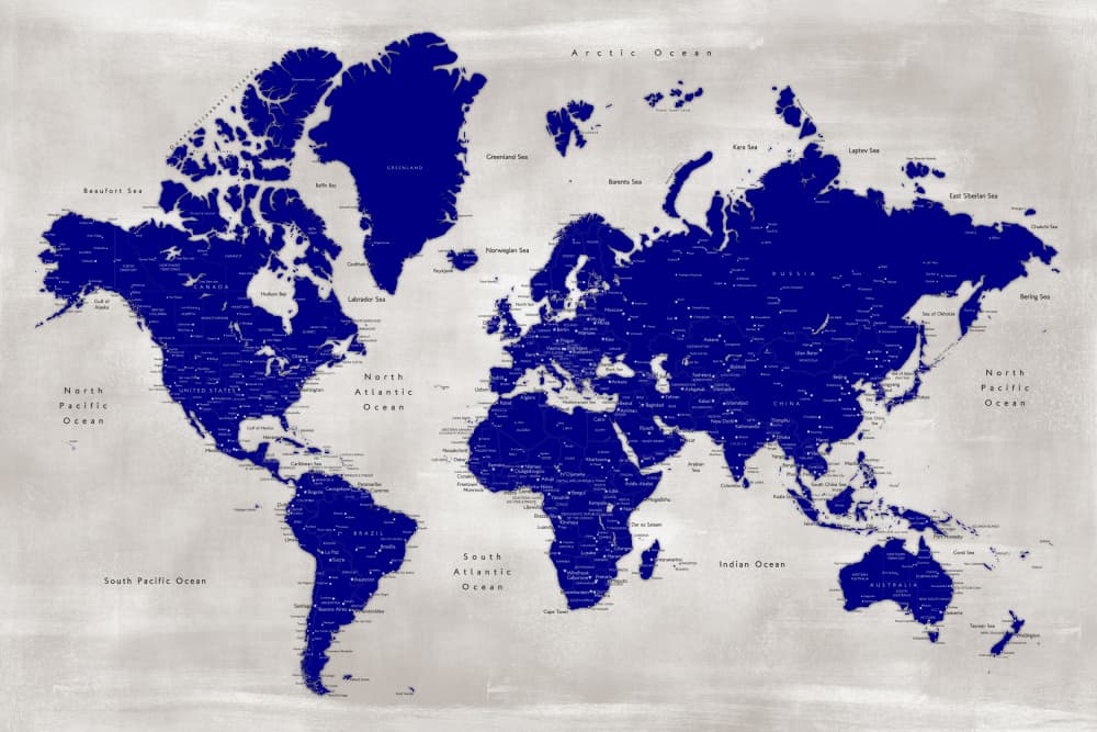 Modern Blue World Map by Rosana Laiz Blursbyai — canvas wall art
